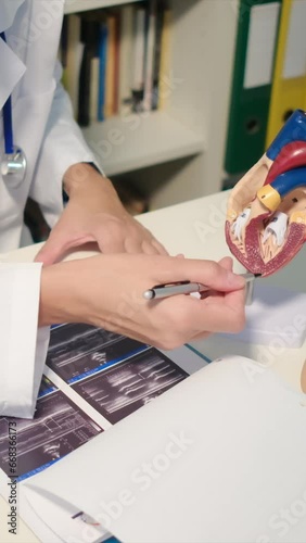 Doctor with medical reports and a heart model explains cardiopathy, cholesterol, obesity, and overall health care to a patient. Doctor in her office discussing pros and cons of healthcare by healthcar photo