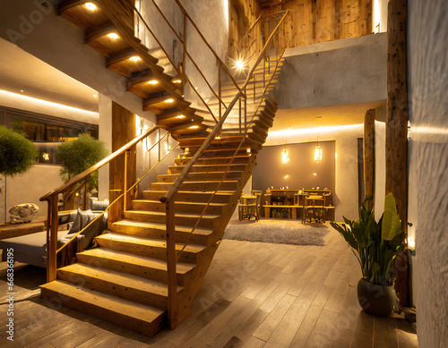 modern interior decor with wooden stairs bathed in the warm glow of stair lights. © PGS
