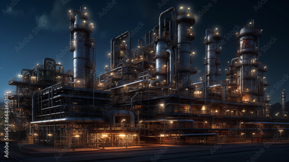 Oil refinery plant. Gas Processing Plant. Pipes of natural gas factory. Oil crude and gas refineries. Oil refining and Petrochemical. Reduced fuel. Ai Generated Illustration.