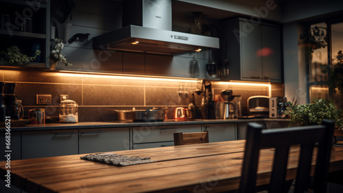 Photograph of a sleek modular chimney right in the kitchen with gas stove. It's a portrait-style, front view shot, zoomed in, with the chimney taking the spotlight. 