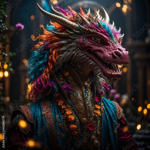 a man in a festive costume with a dragon mask on his head