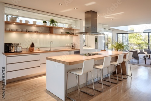 interior of modern kitchen with white furniture and dining area, nobody inside