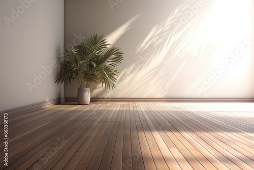interior with plant  white wall  wooden floor. Empty room with wooden floor and plant.