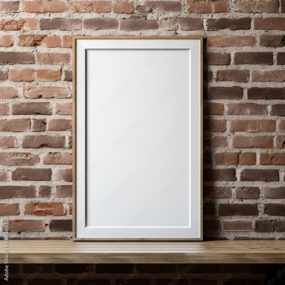 Fondo con estilo mockup con detalle y textura de cuadro en blanco con marco, sobre pared de ladrillo Fondo con estilo mockup con detalle y textura de cuadro en blanco con marco, sobre pared de ladrillo