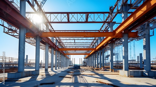 Construction of the steel building s pillars using a crane in a factory under the blue sky photo