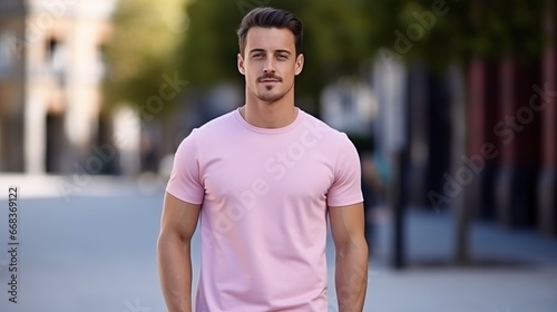 Man Wearing White Tee Shirt Mockup Placement. Shirt Mockup Template. Male Wearing Casual Tee Shirt 