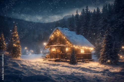 old wooden house decorated with lights and Christmas tree in winter forest, snow covered trees and mountains, cloudy sky at night, blizzard