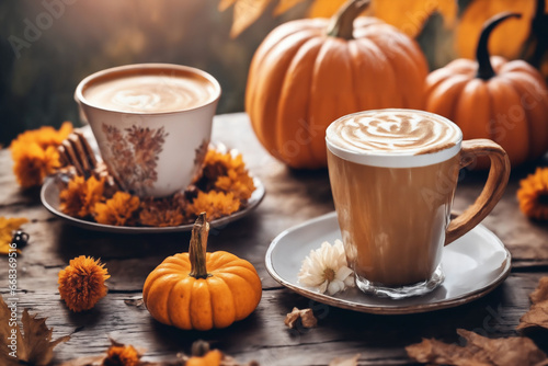 still life of a cup of hot latte and waffers and pumpkins on an old wooden table against the background of beautiful autumn nature at sunset  decoration for Halloween