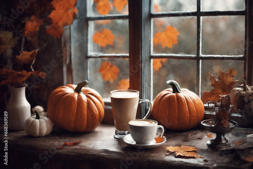 decoration for halloween holiday  still life  a cup of hot latte and pumpkins on a windowsill  beautiful autumn landscape outside the window  rural  festive background
