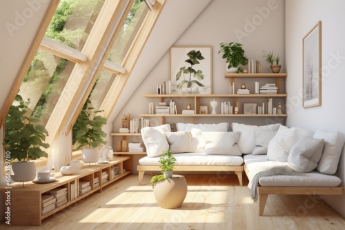 Interior of modern living room with sofa, bookshelf, wooden furniture and green plants. © P