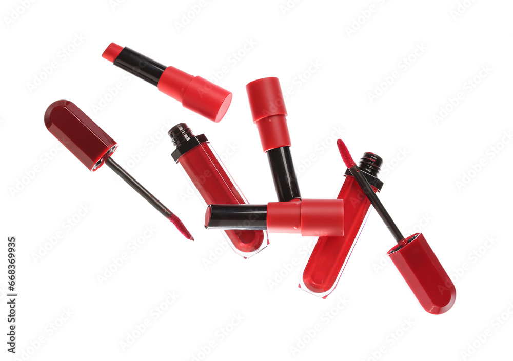 Different red lipsticks on white background Different red lipsticks on white background