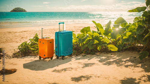 Suitcase on the sand tropics