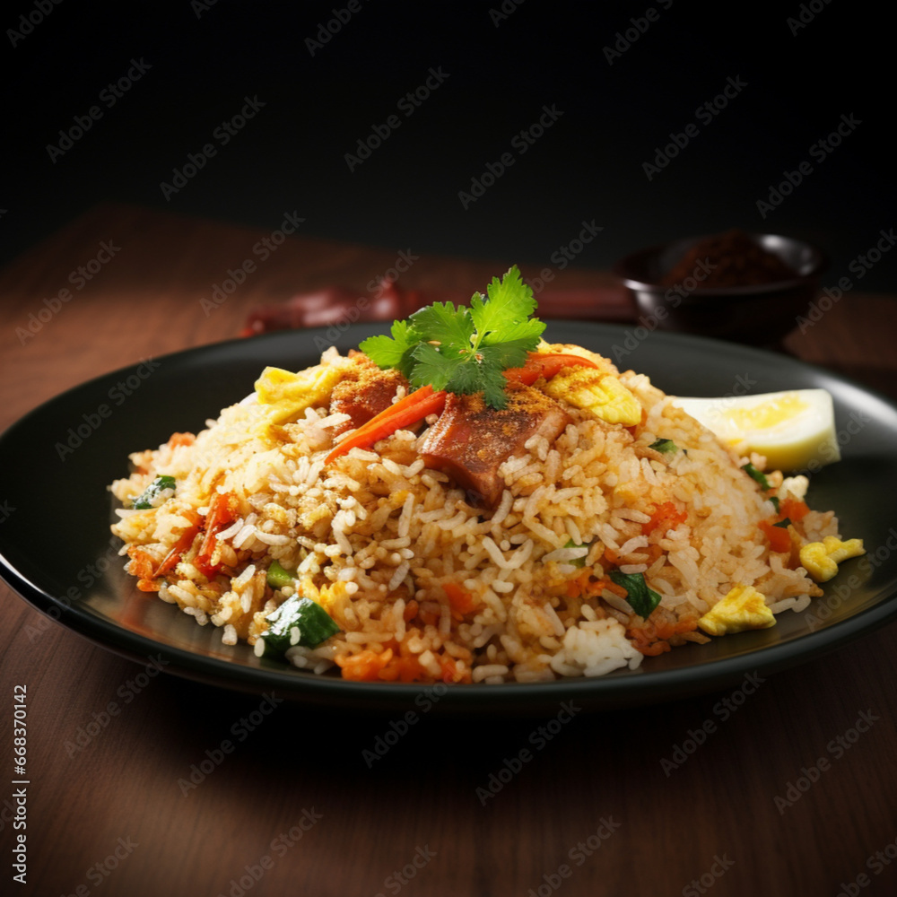 indonesia or singapore fried rice in plate, limbo background, studio color indonesia or singapore fried rice in plate, limbo background, studio color