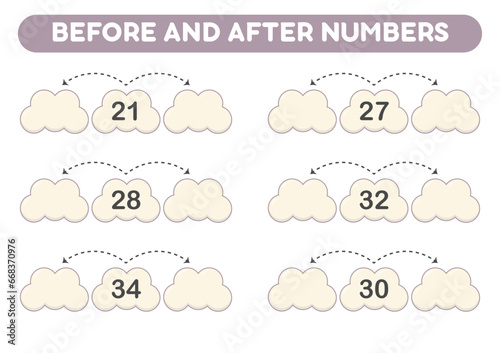 Math game for kids. Before and after numbers. Printable worksheets.
