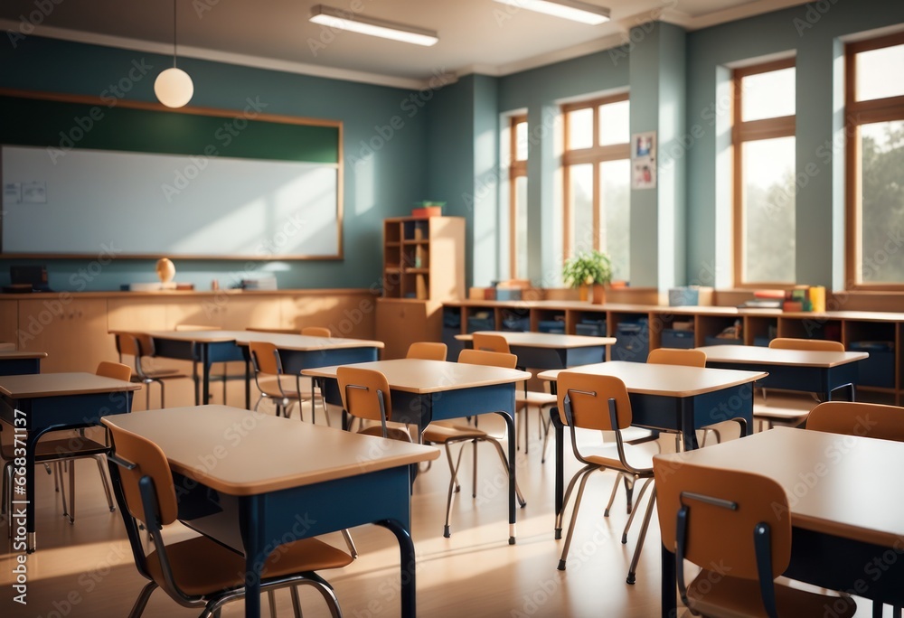 School empty classroom with desks and chair iron wood for studying lessons in high school, interior of secondary education, with whiteboard, vintage tone educational concept. First day in school School empty classroom with desks and chair iron wood for studying lessons in high school, interior of secondary education, with whiteboard, vintage tone educational concept. First day in school
