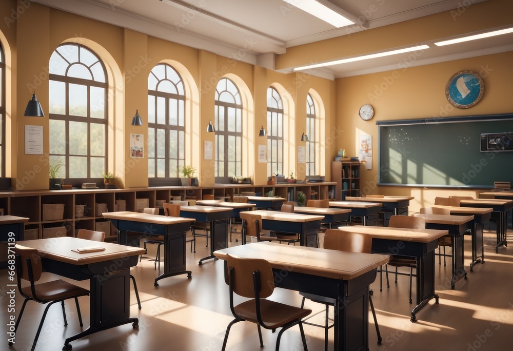 School empty classroom with desks and chair iron wood for studying lessons in high school, interior of secondary education, with whiteboard, vintage tone educational concept. First day in school