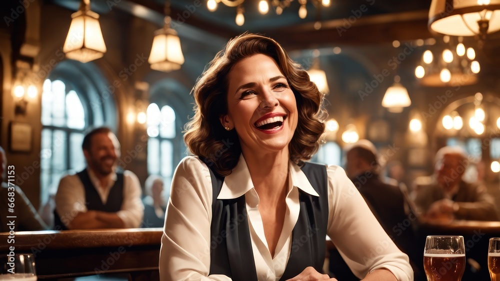 Mature woman laughs at stand-up performance while sitting in a pub. Cheerful, happy and optimistic alluring female laughing from amazement, having fun, enjoy watching funny stand-up comedy performance Mature woman laughs at stand-up performance while sitting in a pub. Cheerful, happy and optimistic alluring female laughing from amazement, having fun, enjoy watching funny stand-up comedy performance