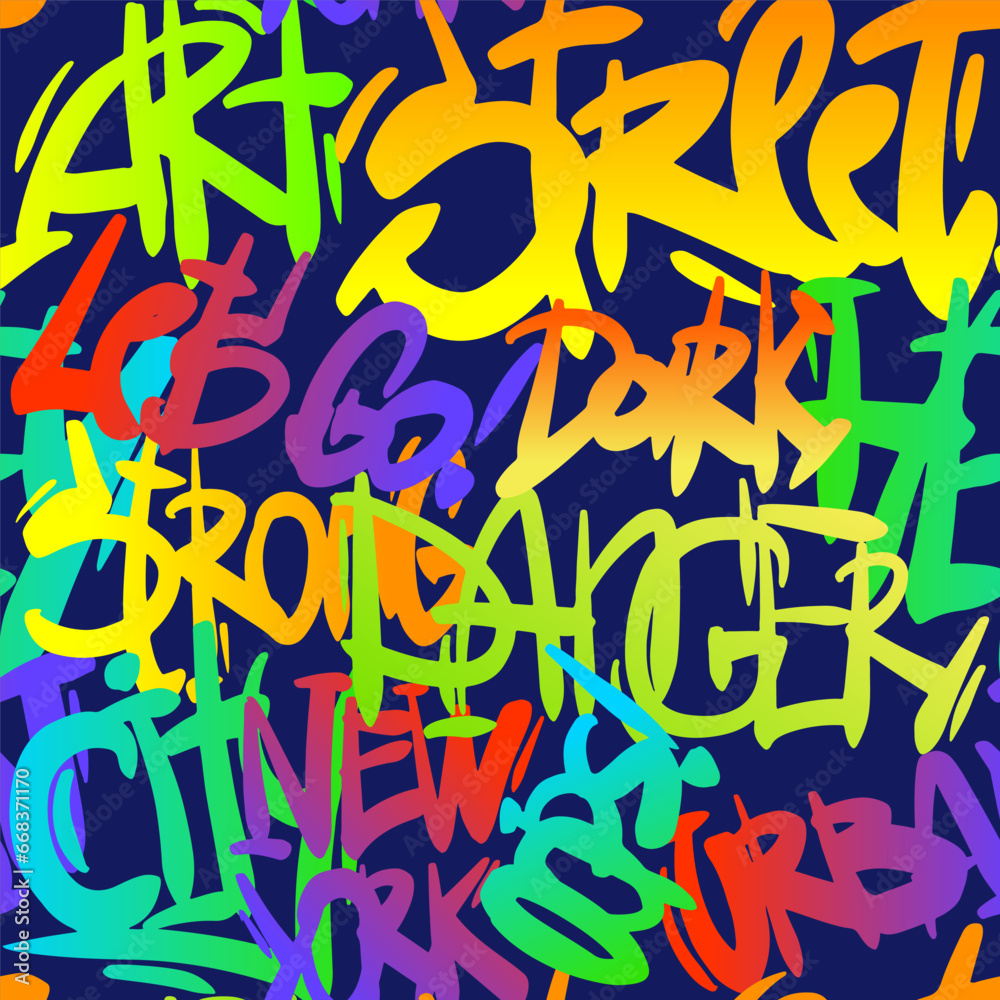 Naklejka premium Abstract seamless chaotic pattern with urban graffiti words, scuffed and sprays. Grunge texture background. Wallpaper for boys. Fashion sport style