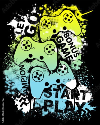 Illustration print for t-shirt with game joystick. Vector illustration