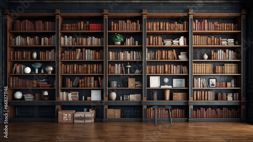 An antique library with high shelving units. Generative AI photo