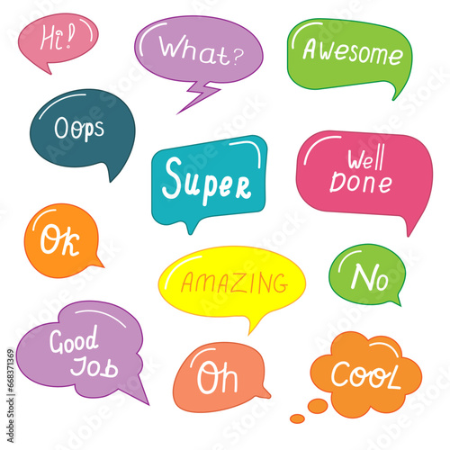 Cartoon colored speech bubble with handwritten short phrases no, oh, good job, ok, super, awesome. Communication concept. Speak balloon. Colored cloud. Colored cloud with text.