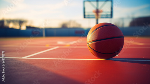  A vivid basketball is seen up close as it lies on the sunlit sports field, vividly capturing the essence of a bright day.