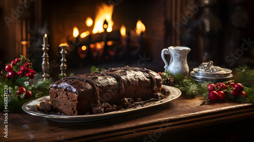 Yule log chocolate christmas cake on wooden table top of a warm cozy room, fire place in background
