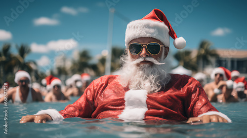Santa chilling in a swimming pool - a group of people wearing Santa hats in background - blurred background - vacation - holiday - getaway - trip - resort - tropical  © Jeff