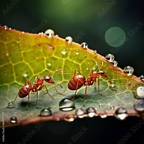 Two ants in close-up, sitting on a green leaf with drops of morning dew. © Yuliia Litvinova