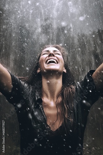 Happy woman in a summer rain. dark brown hair. Wet t-shirt. Caucasian woman. 