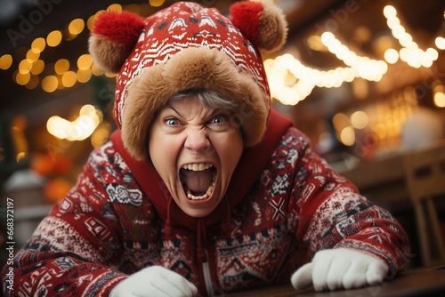 adult woman dressed as Christmas and wearing a hat screaming in panic photo