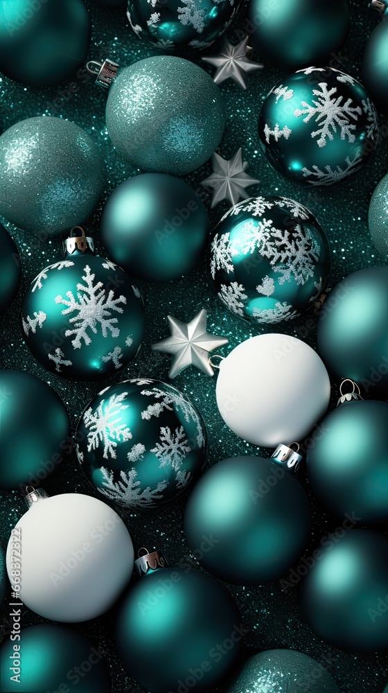 Teal Christmas balls composition top view. Generative AI. Teal Christmas balls composition top view. Generative AI.
