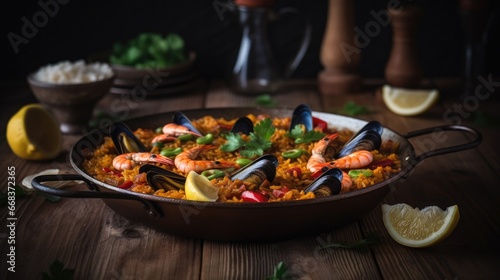  Fresh paella in pan on wooden table