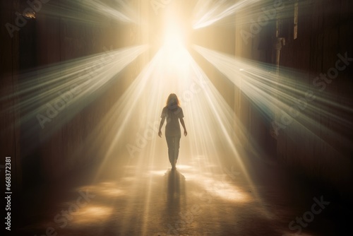 Silhouette of a woman walking towards the light. God's light rays. Full view, back view, rear view. Walking away. 