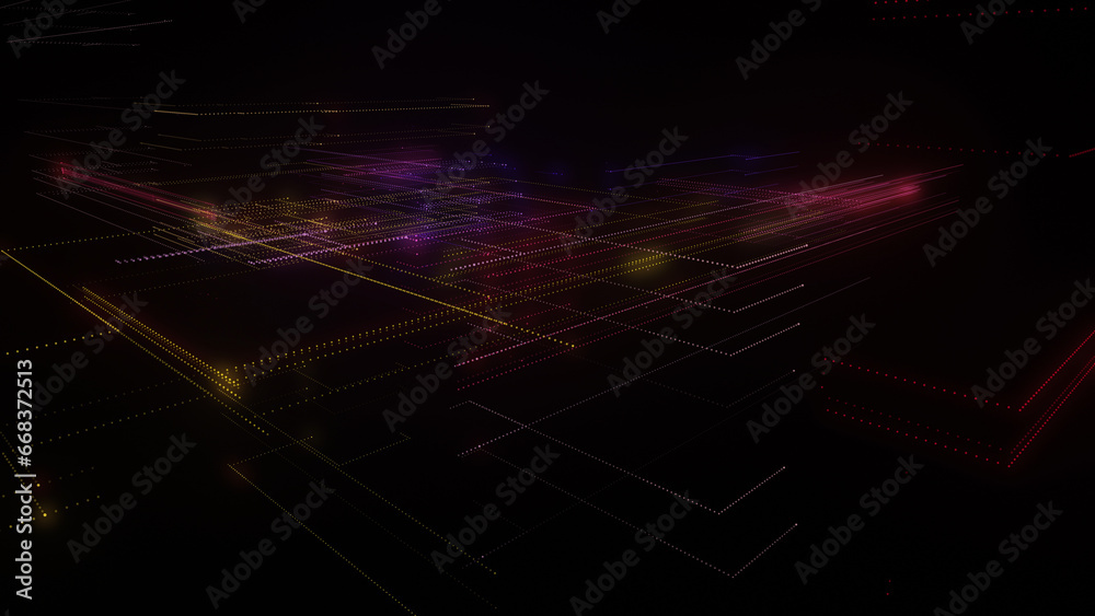 3D rendering of a digital neon mesh made of bright lines and dots