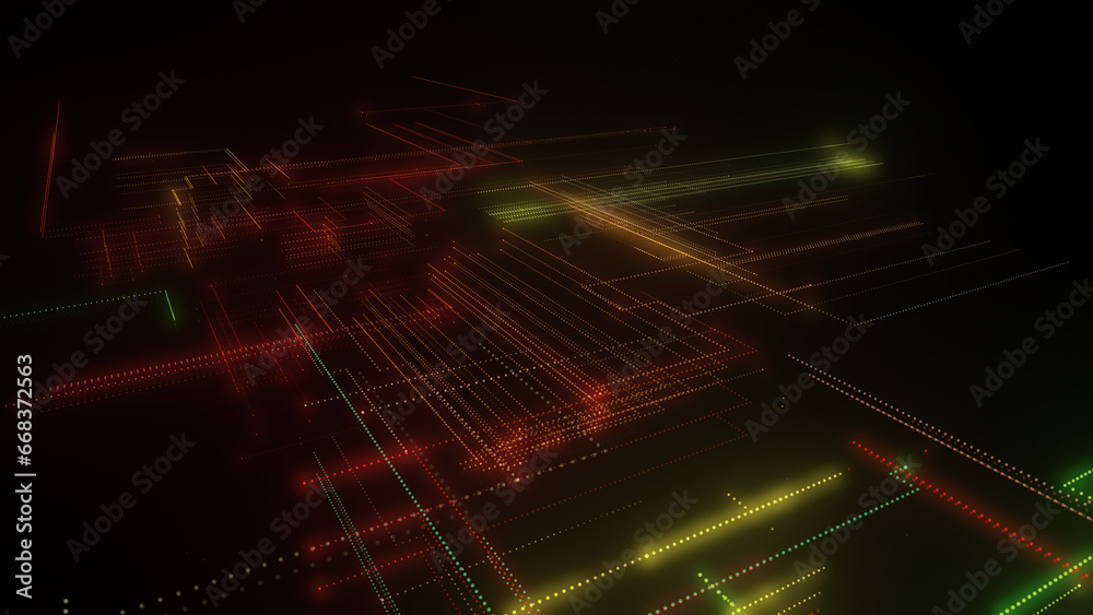 Fototapeta premium 3D rendering of a digital neon mesh made of bright lines and dots