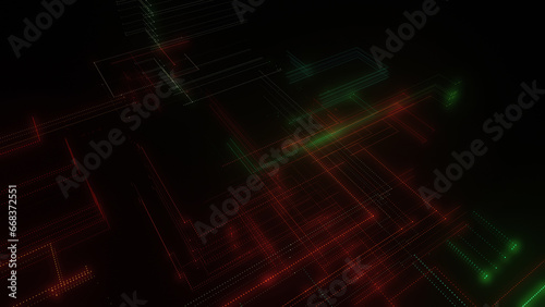 3D rendering of a digital neon mesh made of bright lines and dots
