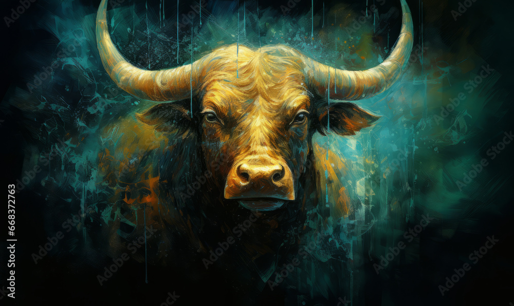 Naklejka premium Astrological Sign of Taurus, mask of the zodiac, bull with a blue light on its horns, taurus sing in horoscope, animal panorama.