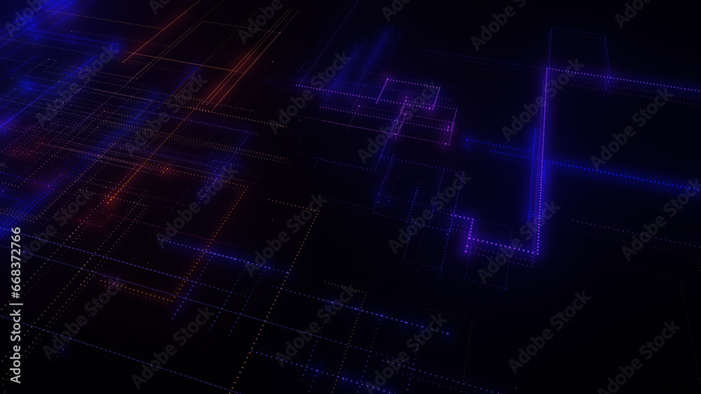 3D rendering of a digital neon mesh made of bright lines and dots 3D rendering of a digital neon mesh made of bright lines and dots