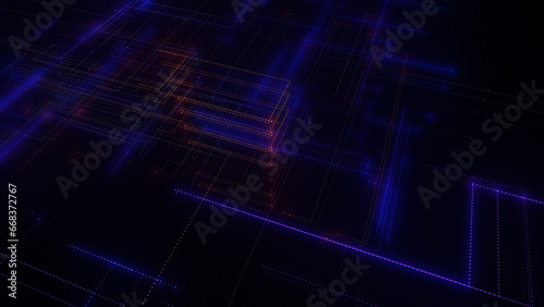 3D rendering of a digital neon mesh made of bright lines and dots