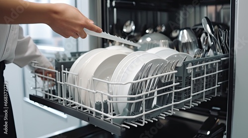  Open dishwasher with clean utensils in it, man hands loading dishes to the dishwasher machine, introducing or taking out a plate and cup, clean tableware after cleaning process