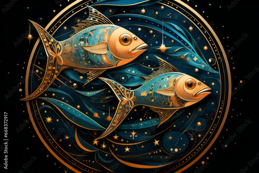 Pisces zodiac sign against space nebula background. Astrology calendar. Esoteric horoscope and fortune telling concept. - obrazy, fototapety, plakaty 
