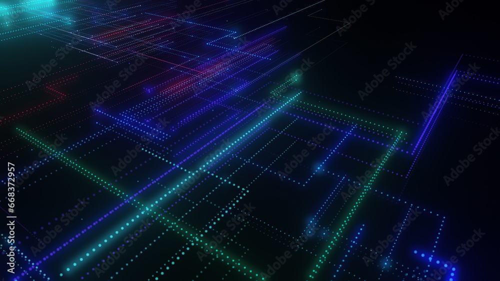 3D rendering of a digital neon mesh made of bright lines and dots 3D rendering of a digital neon mesh made of bright lines and dots