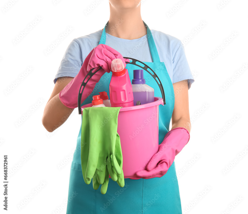 Cleaning service worker holding bucket with cleaning supplies on white background Cleaning service worker holding bucket with cleaning supplies on white background