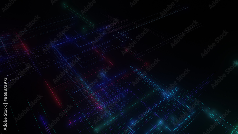 3D rendering of a digital neon mesh made of bright lines and dots