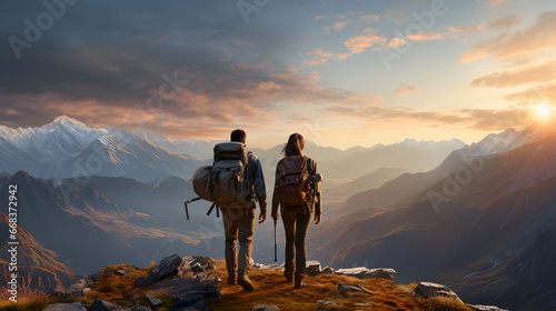 Silhouette hiker couple on mountain top, stunning view of sunset in background © amila