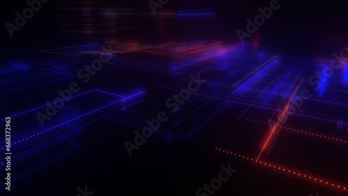 3D rendering of a digital neon mesh made of bright lines and dots