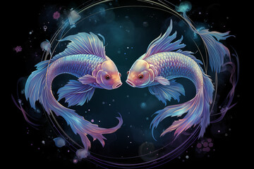 Pisces zodiac sign against space nebula background. Astrology calendar. Esoteric horoscope and fortune telling concept.