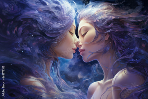 Zodiac sign gemini in cosmic space. Two women. Zodiac sign symbol Gemini over stars and galaxy like astrology concept