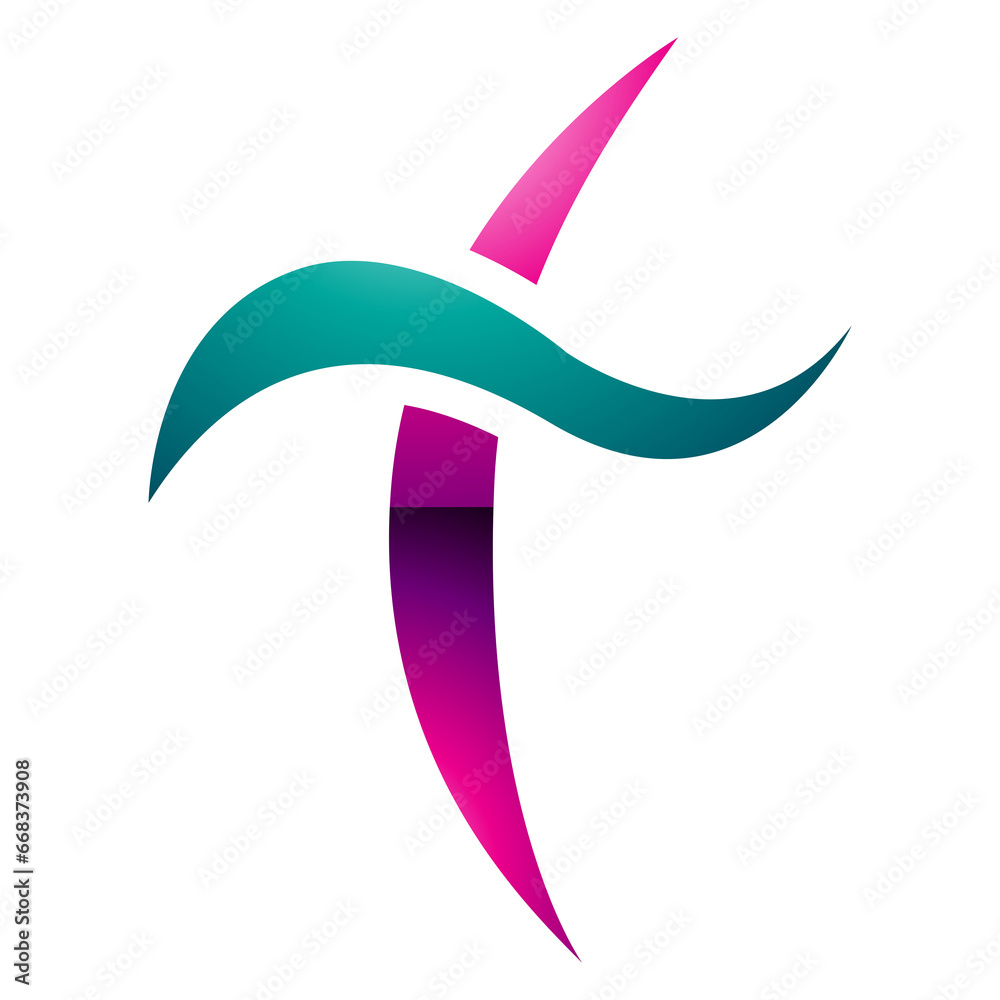 Magenta and Green Glossy Curvy Sword Shaped Letter T Icon